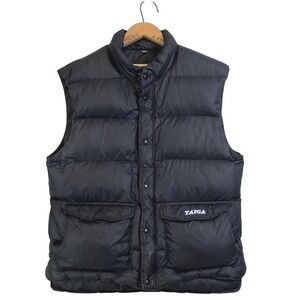 Vintage TAIGA Mens M Canadian Down Puffer Vest Black Quilted Full Zip Snap Front